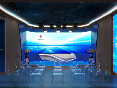 Starry Ceiling Modern Studio With Blue Large Screen Cameras And Transparent Chairs 3d model