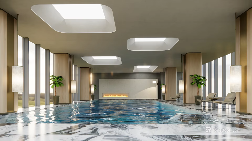 Indoor Swimming Pool With Skylights Large Windows Marble Flooring Fireplace And Green Plants 3d model 