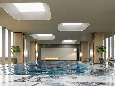 Indoor Swimming Pool With Skylights Large Windows Marble Flooring Fireplace And Green Plants 3d model