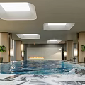 Indoor Swimming Pool With Skylights Large Windows Marble Flooring Fireplace And Green Plants