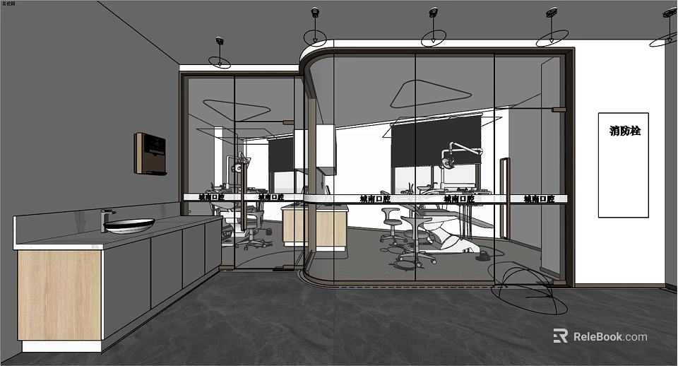 Modern Office Interior Design With Curved Glass Partition Desks Chairs And Pendant Lights 3d model 
