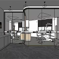 Modern Office Interior Design With Curved Glass Partition Desks Chairs And Pendant Lights