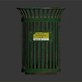 Green Metal Mesh Trash Can With Yellow Label And Open Top Structure
