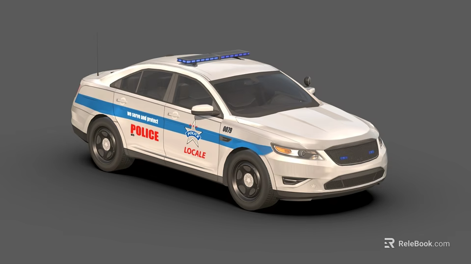 White Police Car With Blue Emergency Lights And Local Department Markings 3d model 