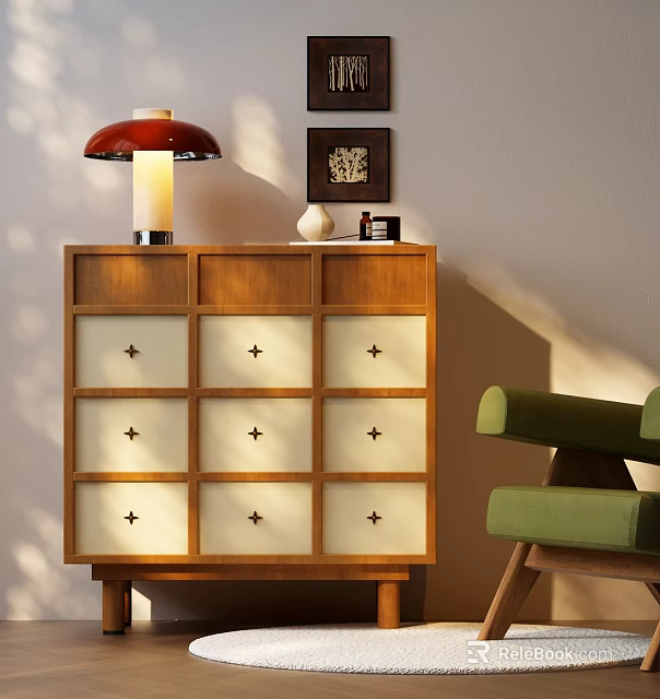 Wooden Chest of Drawers with White Panels Cross Accents Red Lamp Vase and Green Chair 3d model 