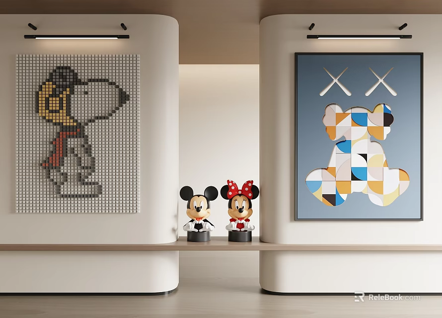 Abstract Painting Featuring Geometric Shapes Cross Symbols And Bear Figure In Modern Interior With Figurines 3d model 