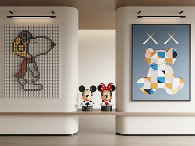 Abstract Painting Featuring Geometric Shapes Cross Symbols And Bear Figure In Modern Interior With Figurines 3d model