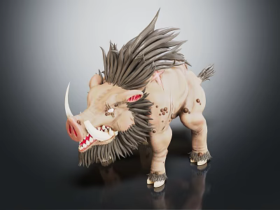 Detailed Warthog Sculpture With Spiky Mane Open Mouth And Sharp Tusks 3d model