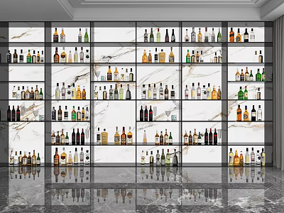 Modern Display Shelves Showcasing Various Wine Bottles On Multiple Layers With Marble Background 3d model