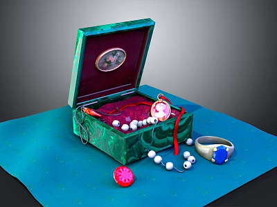 Open Green Jewelry Box With Pearl Necklace Red Flower Ornament And Blue Ring Decor Set 3d model