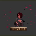 Hekate Game Character With Red Hair Bandaged Outfit And Pink Feathers On Wooden Base