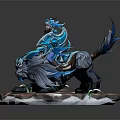 Game and Movie Character Warrior In Blue Armor Riding Frost Wolf On Snowy Rock Base
