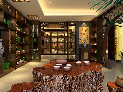 Traditional Chinese Tea House Interior With Tea Shelves Tree Stump Table And Ceramic Cups 3d model