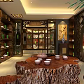 Traditional Chinese Tea House Interior With Tea Shelves Tree Stump Table And Ceramic Cups