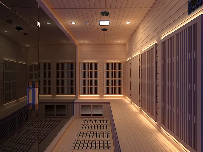 Modern SPA Sauna Interior Design With Wooden Walls Ceiling Lighting And Benches 3d model