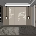 Modern Beige Bedroom Accent Wall With White Patterns Wooden Decor Wall Lamps And Marble Rug