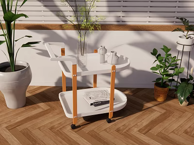 Stylish White Rolling Cart With Vase Bottles Plants And Window Blinds On Herringbone Wooden Floor 3d model