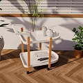 Stylish White Rolling Cart With Vase Bottles Plants And Window Blinds On Herringbone Wooden Floor
