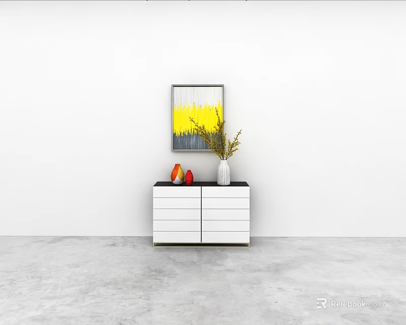 Modern Entryway Console Table With Black White Design Decorative Vase Plant And Wall Abstract Painting 3d model 