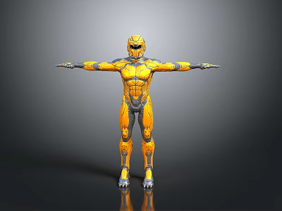 Yellow And Black Armored Warrior Standing With Arms Outstretched In 3D Render With Gray Background Mechanical Structure 3d model