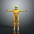 Yellow And Black Armored Warrior Standing With Arms Outstretched In 3D Render With Gray Background Mechanical Structure