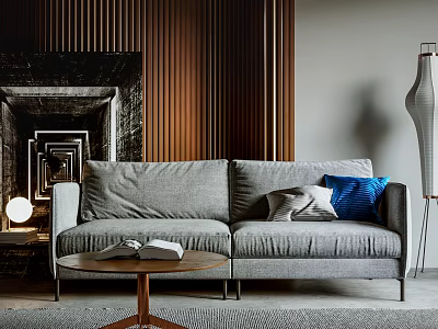 Gray Two Seater Sofa with Gray Blue Cushions Wooden Round Coffee Table and Floor Lamp 3d model