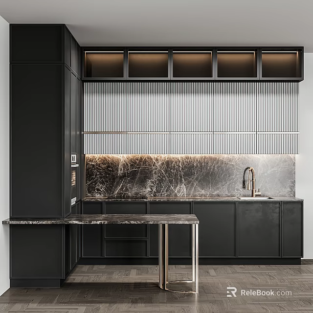 Sleek Modern Kitchen Interior With Black Cabinets Marble Countertop Vertical Slats And Ambient Lighting 3d model 