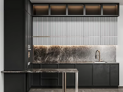 Sleek Modern Kitchen Interior With Black Cabinets Marble Countertop Vertical Slats And Ambient Lighting 3d model