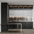 Sleek Modern Kitchen Interior With Black Cabinets Marble Countertop Vertical Slats And Ambient Lighting