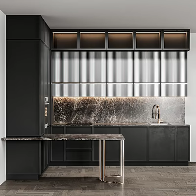 Sleek Modern Kitchen Interior With Black Cabinets Marble Countertop Vertical Slats And Ambient Lighting 3d model