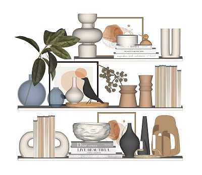 Modern Minimalist Decorative Ornament Combination with Vases Sculptures Books Plants Frames on Display Shelves 3d model