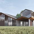 Modern Single Family House With Large Glass Windows Wooden Structure Green Grass And Trees