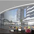 Modern Commercial Street With Glass Buildings Pedestrians Outdoor Seating And Urban Vibes