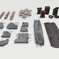 Various Construction Materials Including Stone Slabs Cylindrical Columns And Metal Mesh Planks 3d model