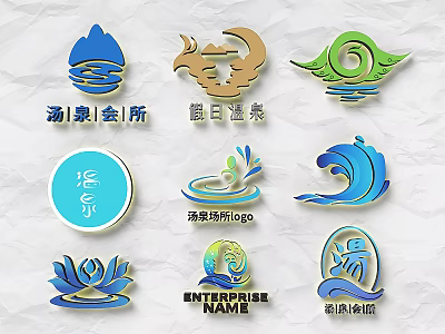 Hot Spring Spa Brand Logo Designs Featuring Water Wave And Lotus Elements 3d model