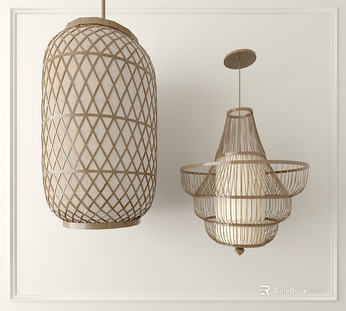 Modern Woven Rattan Chandeliers With Cylindrical Diamond Pattern And Layered Structure For Interior Decor 3d model 