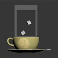 Hot Chocolate Drink In Yellow Cup With Falling Sugar Cubes And Small Spoon
