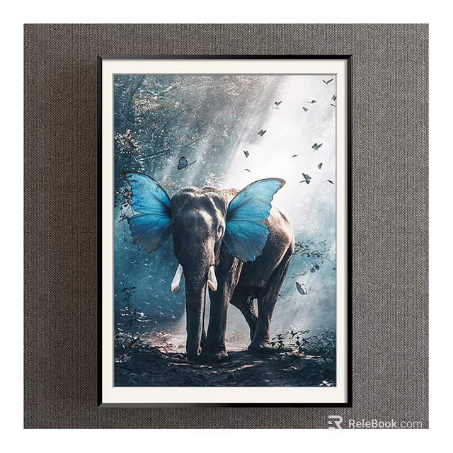 Animal Painting Featuring Elephant With Blue Butterfly Wings And Flying Butterflies Natural Background Light Rays 3d model 