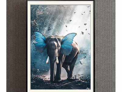 Animal Painting Featuring Elephant With Blue Butterfly Wings And Flying Butterflies Natural Background Light Rays 3d model