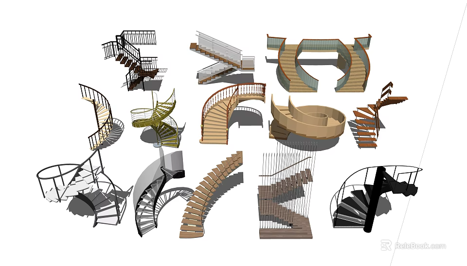 Various Spiral Staircase Designs Featuring Different Materials And Styles For Interior Spaces 3d model