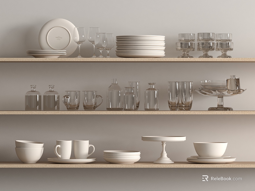Minimalist Dinnerware Set Showcased On Shelves With Plates Cups Glasses 3d model 