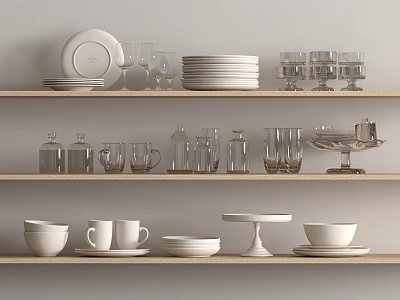 Minimalist Dinnerware Set Showcased On Shelves With Plates Cups Glasses 3d model