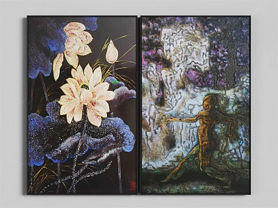 Two Art Paintings Featuring Pink White Lotus and Human Figure on Dark Purple Textured Background 3d model