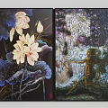 Two Art Paintings Featuring Pink White Lotus and Human Figure on Dark Purple Textured Background
