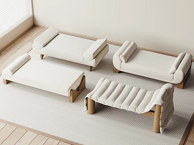Modern Upholstered Sofa Stools With Wooden Legs In Light Beige For Living Room 3d model