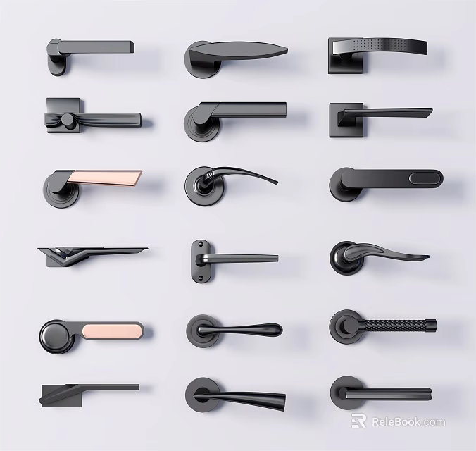 Modern Door Handles With Various Black And Copper Designs For Home Decor 3d model 
