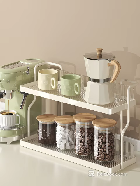 Glass Spice Jars With Wooden Lids On White Kitchen Rack Near Coffee Maker And Mugs 3d model 