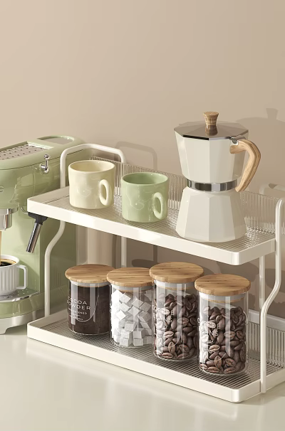 Glass Spice Jars With Wooden Lids On White Kitchen Rack Near Coffee Maker And Mugs 3d model