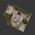 Cartoon Scene Multi Storey Building With Red Roofs And Grey Walls Surrounded By Green Trees