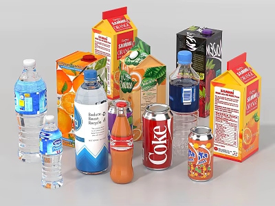 Assorted Drinks Collection Featuring Bottled Water Juice Boxes And Soda Cans 3d model